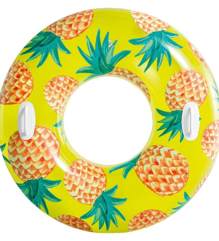 Set of 12 Intex inflatable floating donuts with tropical fruit design, 107 cm diameter for water play and pool fun.