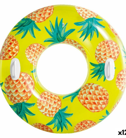 Set of 12 Intex inflatable floating donuts with tropical fruit design, 107 cm diameter, suitable for outdoor water play.