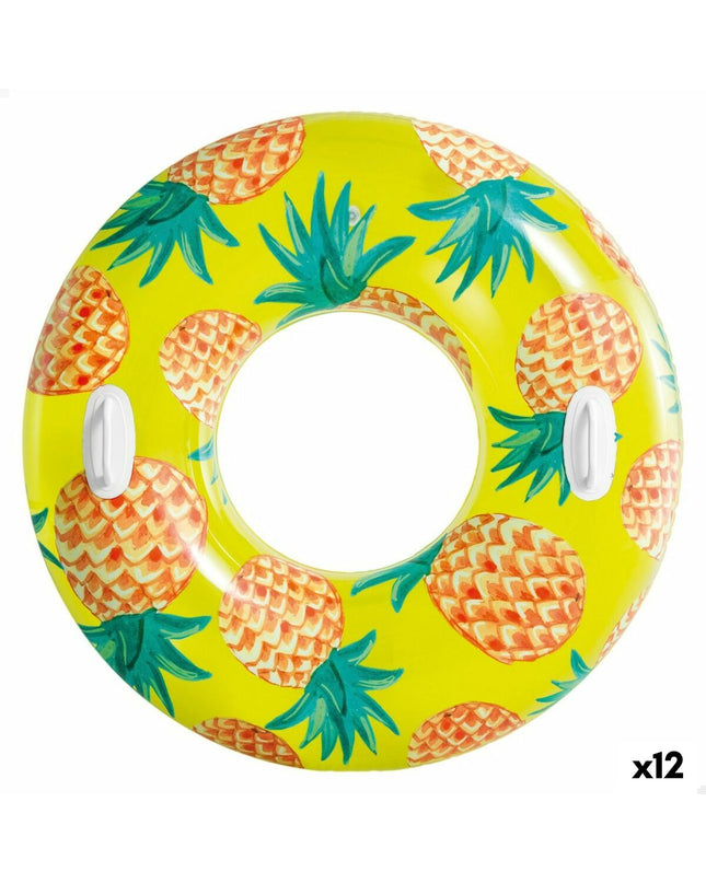 Set of 12 Intex inflatable floating donuts with tropical fruit design, 107 cm diameter, suitable for outdoor water play.