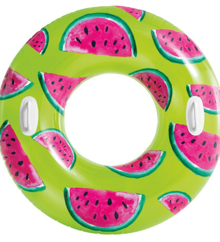 Set of 12 inflatable floating donut pool toys by Intex featuring tropical fruit design, 107 cm diameter for outdoor fun.