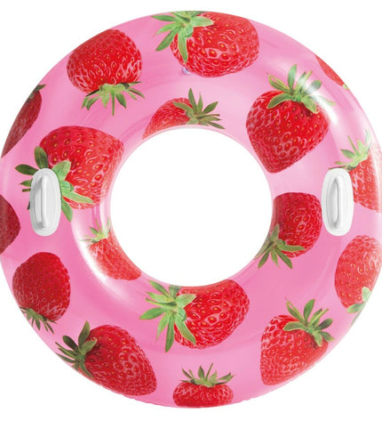 Set of 12 Intex inflatable floating donuts with tropical fruit designs, 107 cm diameter, perfect for pool fun and outdoor play.