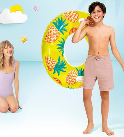 Intex inflatable floating donuts with tropical fruit design, set of 12, 107 cm diameter, suitable for pool fun and outdoor play.