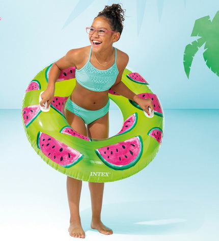 Set of 12 Intex inflatable floating donuts with tropical fruit design, 107 cm diameter, perfect for pool fun and outdoor activities.