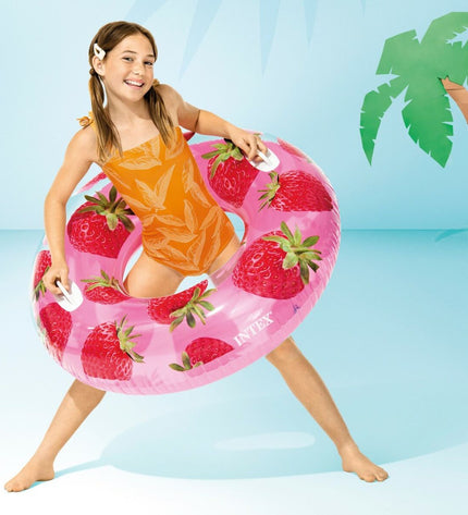 Set of 12 inflatable floating donut toys by Intex with tropical fruit design, 107 cm diameter, for outdoor water fun.