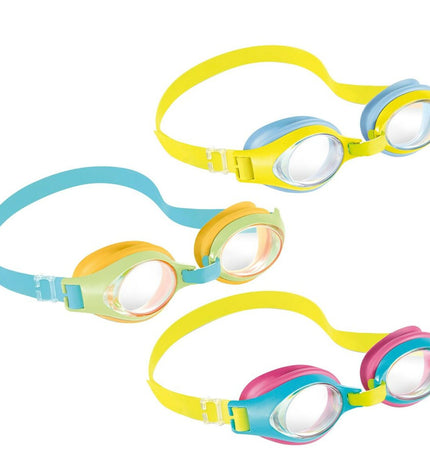 Set of 12 Intex children's swimming goggles for watersports and outdoor activities, featuring colorful adjustable straps.