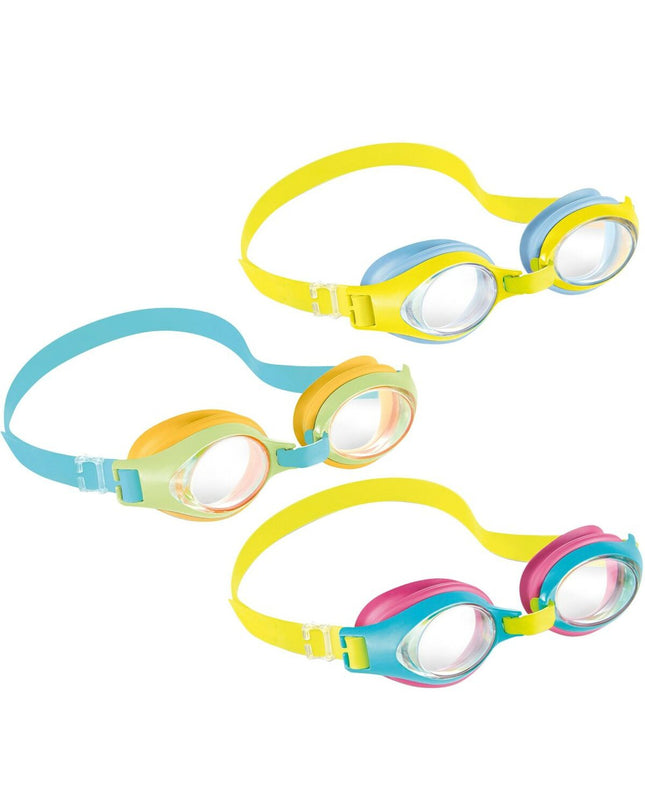 Set of 12 Intex children's swimming goggles for watersports and outdoor activities, featuring colorful adjustable straps.
