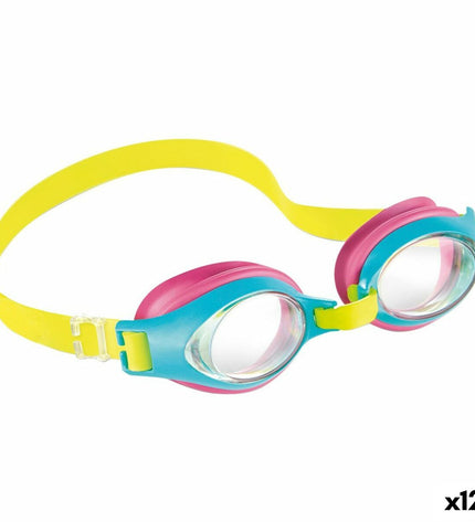 Set of 12 Intex children's swimming goggles for water sports and outdoor activities, featuring colorful, adjustable straps.