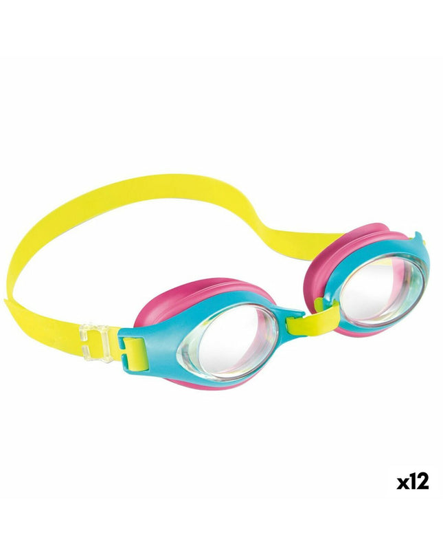 Set of 12 Intex children's swimming goggles for water sports and outdoor activities, featuring colorful, adjustable straps.
