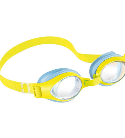 Set of 12 Intex children's swimming goggles for water sports and outdoor activities, featuring colorful adjustable straps.