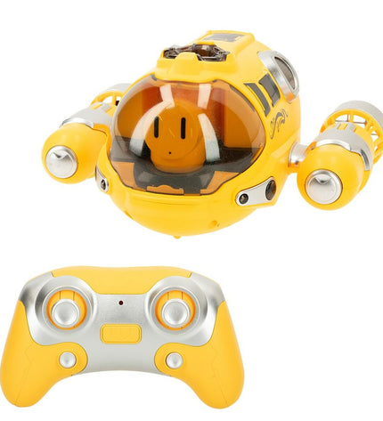 Two Colorbaby remote-controlled boats in vibrant colors, designed for children, shown on water with steering antennas visible.