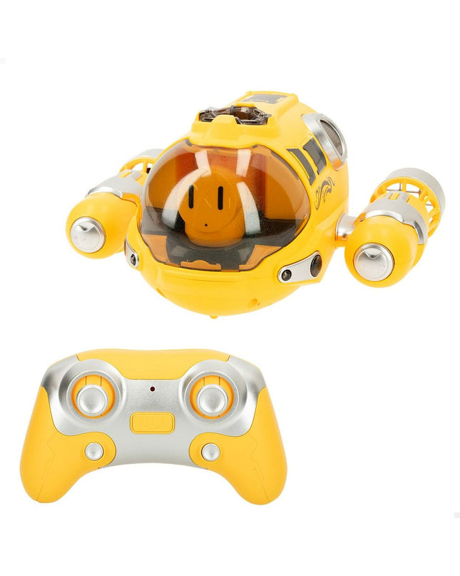 Two Colorbaby remote-controlled boats in vibrant colors, designed for children, shown on water with steering antennas visible.