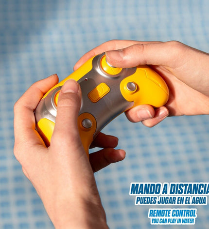 Two Colorbaby remote-controlled toy boats on water, colorful plastic speedboats for children, perfect for outdoor play.