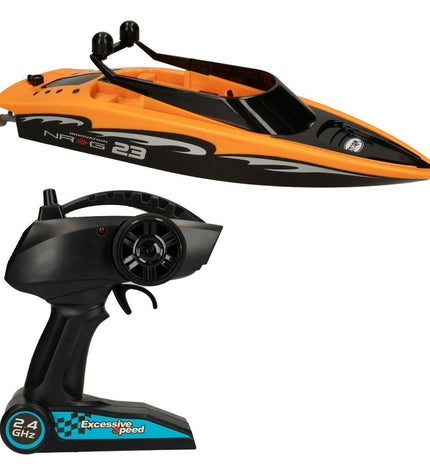 Two Colorbaby radio-controlled boats in vibrant colors, toy vehicles for children, shown on water with remote controls visible.