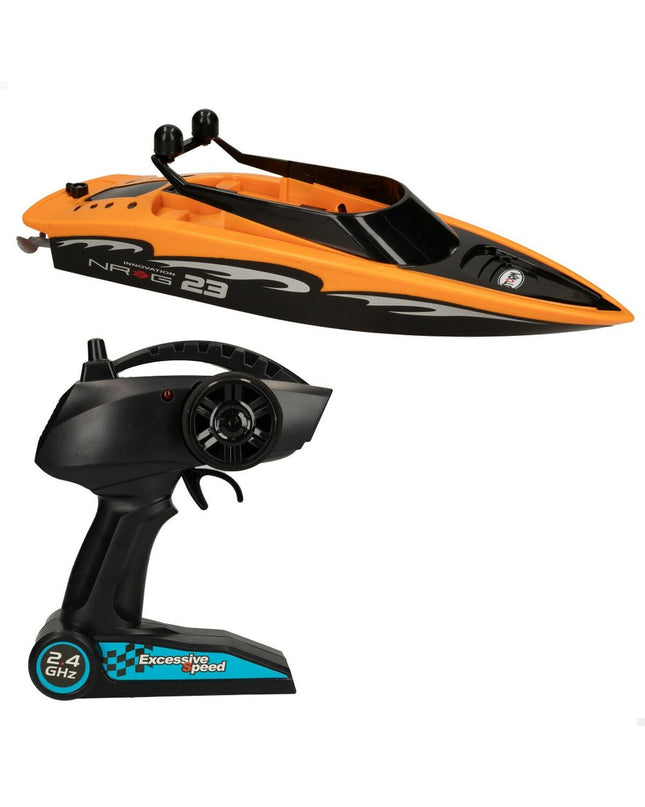 Two Colorbaby radio-controlled boats in vibrant colors, toy vehicles for children, shown on water with remote controls visible.