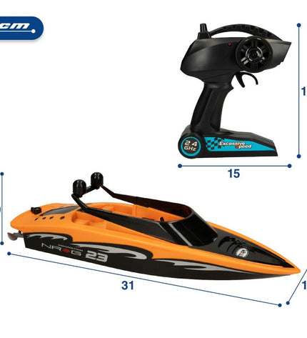 Two Colorbaby remote-controlled toy boats in vibrant colors, designed for children, shown on a plain background.