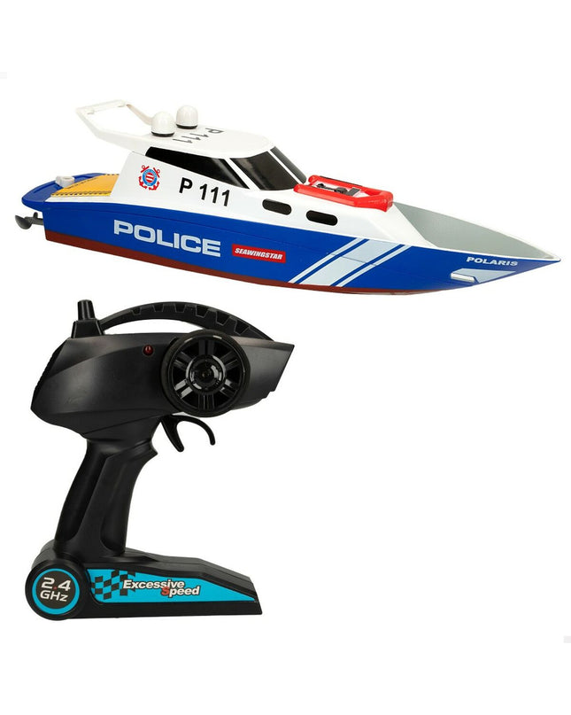 Two Colorbaby remote-controlled boats in yellow and blue, toy vehicles for children, displayed on a surface.
