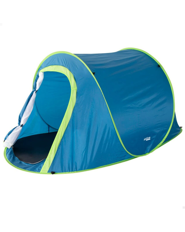 Two Aktive camping tents measuring 120x95x220 cm, suitable for outdoor camping and hiking, set up outdoors.
