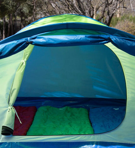 Two Aktive camping tents in outdoor setting, measuring 240x130x330 cm, suitable for sports, camping, and hiking activities.