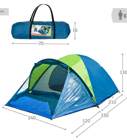 Two Aktive Kampeertents for camping and outdoor activities, measuring 240 x 130 x 330 cm, set up outdoors for camping.