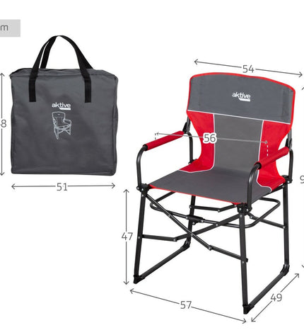 Pair of Aktive foldable camping chairs in black, compact design for outdoor camping and hiking, measuring 54x92x49 cm.