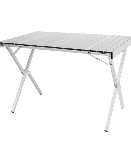 Two Aktive folding tables for outdoor camping and sports, measuring 108 x 72 x 71 cm, shown set up outdoors.