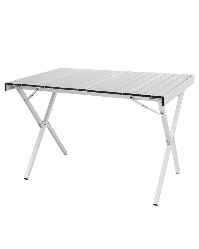 Two Aktive folding tables for outdoor camping and sports, measuring 108 x 72 x 71 cm, shown set up outdoors.