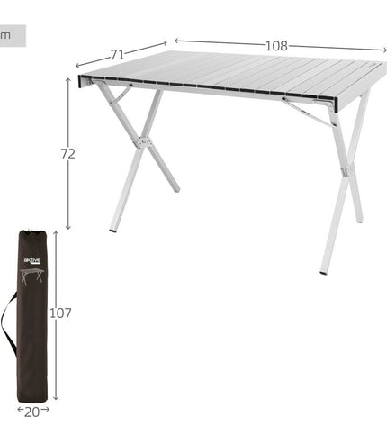 Two Aktive folding tables in outdoor camping setting, measuring 108 x 72 x 71 cm, suitable for sport and outdoor activities.