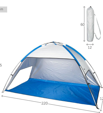 Aktive Strandtent polyester outdoor shelter 220x115x120 cm set up on beach with sand and blue sky, suitable for camping and outdoor activities