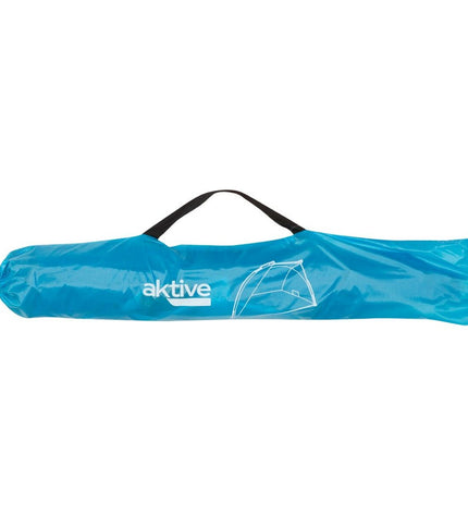 Aktive polyester strandtent for outdoor activities, shown in compact size with fabric panels and tent poles for camping and beach use.