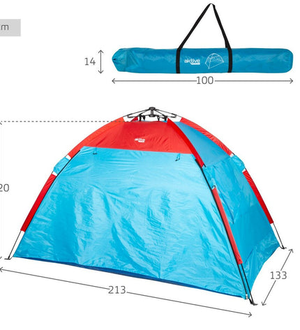 Aktive Sport en outdoor strandtent in polyester, 213x120x133 cm, suitable for camping and outdoor activities, with open design.