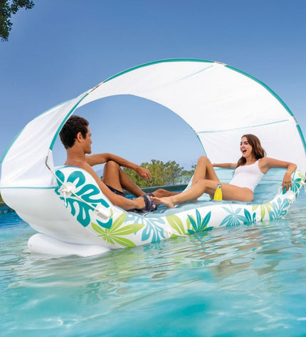 Two Intex inflatable mattresses, 224x165x150 cm, suitable for outdoor and recreational use, shown inflated and ready for use.