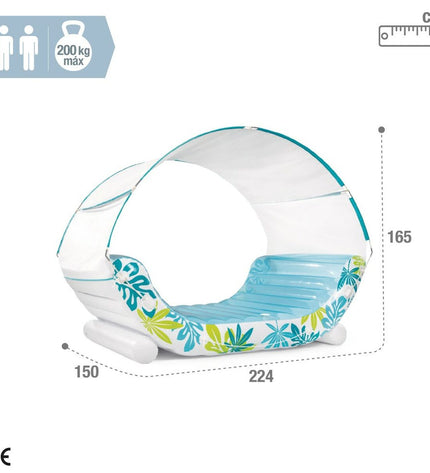 Two Intex inflatable mattresses, 224x165x150 cm, shown inflated outdoors, designed for playful outdoor activities and relaxation.