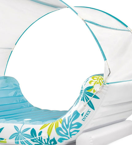 Two Intex inflatable mattresses, 224 x 165 x 150 cm, shown inflated and ready for outdoor or indoor use in playful setting.