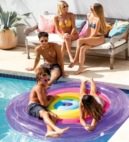 Set of three Intex inflatable mattresses, each measuring 206 x 24 x 206 cm, suitable for outdoor play and relaxation.