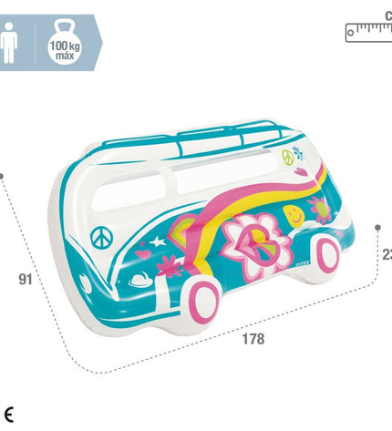 Six Intex inflatable bus-shaped mattresses, 178x91x23 cm, for outdoor play and relaxation, featuring bright colors and durable material.