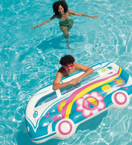 Six Intex inflatable mattresses, 178 x 91 x 23 cm, in a playful toy and outdoor sports setting, stacked and inflated.