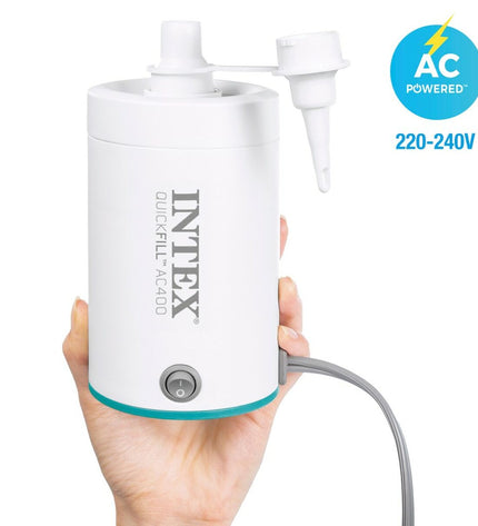 Six Intex air pumps for camping and outdoor activities, compact and portable for inflating air mattresses and camping gear.