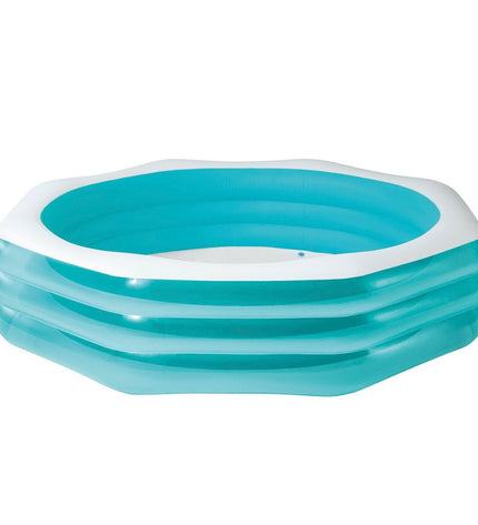 Two Intex inflatable swimming pools, 254 x 56 x 254 cm, set up outdoors in a garden, ready for summer relaxation.