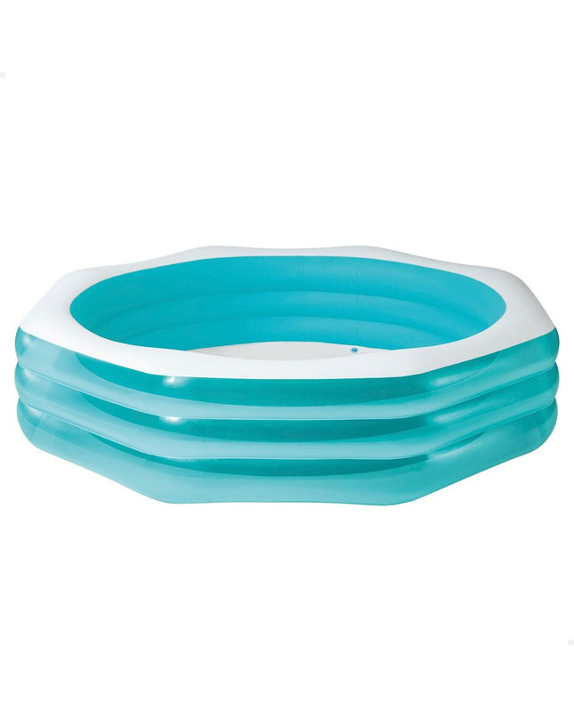 Two Intex inflatable swimming pools, 254 x 56 x 254 cm, set up outdoors in a garden, ready for summer relaxation.