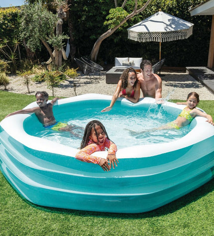 Two Intex inflatable garden pools, 254 cm diameter, 56 cm height, suitable for outdoor use, shown inflated and ready for setup.