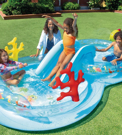 Intex PVC toy water sprinkler for outdoor play, measuring 193 x 71 x 310 cm, ideal for kids' water games and outdoor fun
