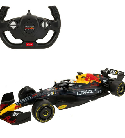 Two Red Bull remote control police cars, 1:12 scale, measuring 47x10x17 cm, toy vehicles for kids, detailed with police markings.