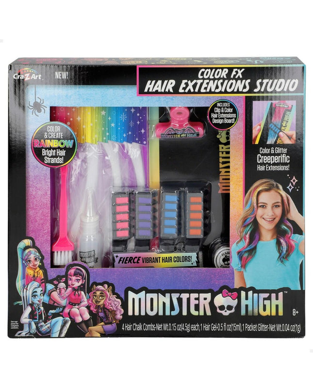 Monster High hair extension set with four playful, colorful hairpieces for kids' pretend play and dress-up toys.
