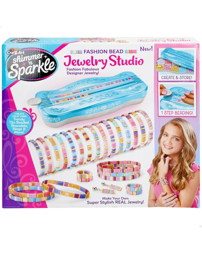 Set of four Cra-Z-Art jewelry kits, 25x4x10 cm, include colorful beads and accessories for creative jewelry making.