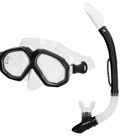 AquaSport kids and adult black snorkel mask and snorkel set with adjustable straps for water sports and outdoor swimming.