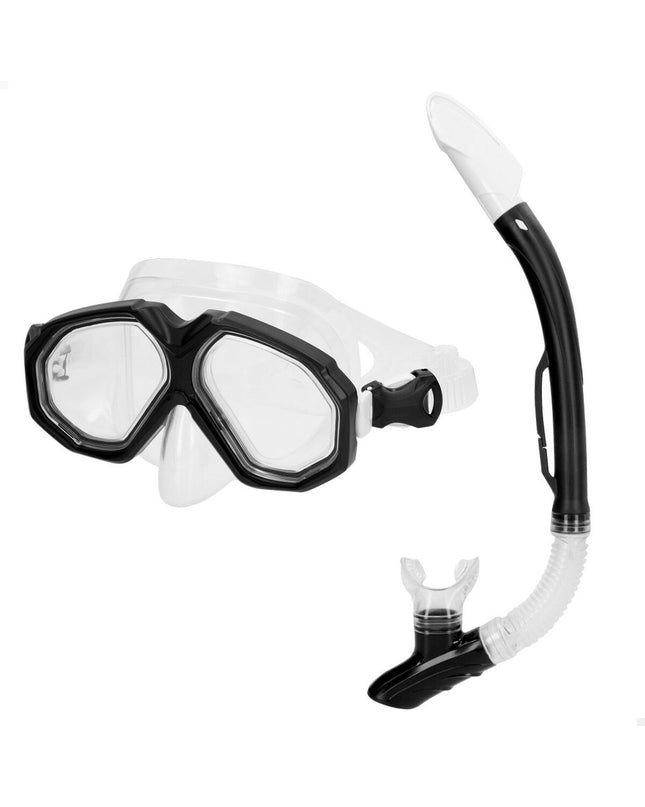 AquaSport kids and adult black snorkel mask and snorkel set with adjustable straps for water sports and outdoor swimming.