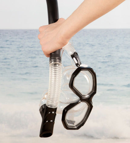 Pair of AquaSport black kids' and adults' snorkel masks and snorkel tubes for watersport, outdoor swimming, and snorkeling activities.