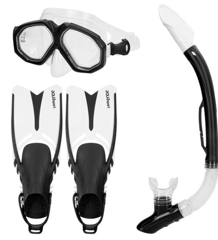 Two AquaSport black adult diving masks with snorkels and swim fins for watersports, suitable for outdoor aquatic activities.