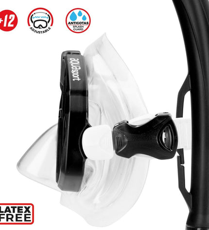 Pair of AquaSport black adult swim goggles with snorkel and fins for water sports and outdoor swimming activities.