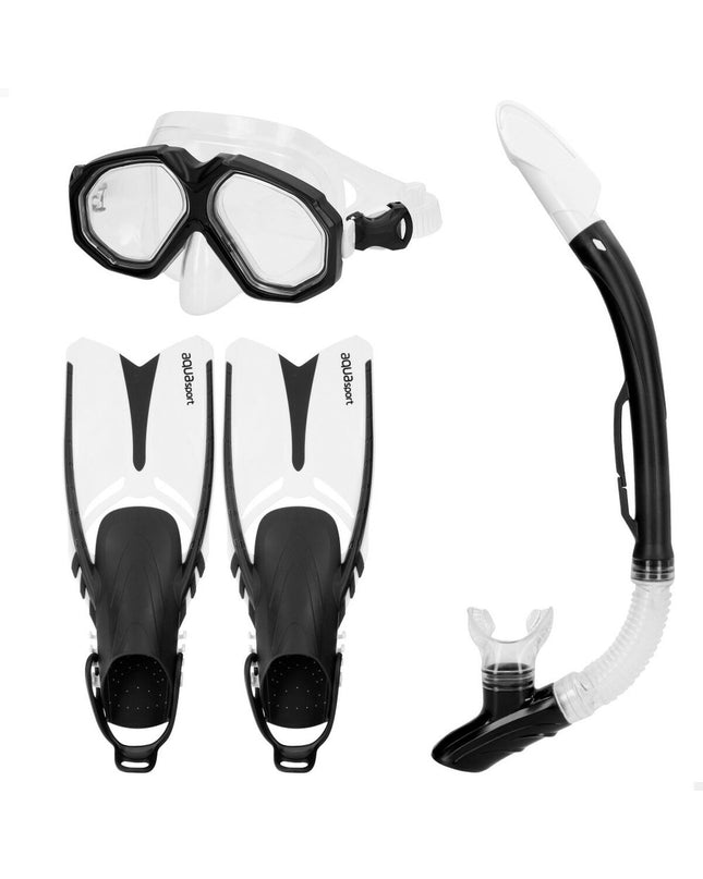 Pair of AquaSport black adult diving masks with snorkel and swimming fins for watersport and outdoor swimming activities.